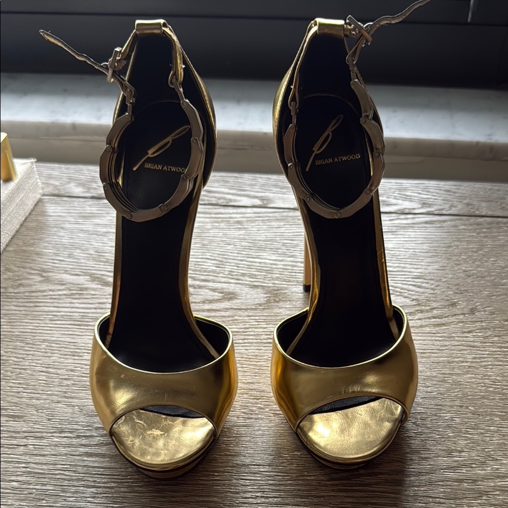 Brian Atwood Gold Heels with Ankle Strap